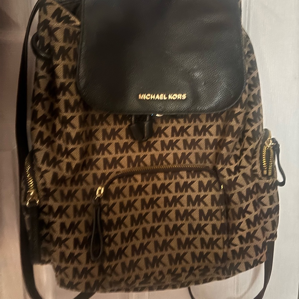 Michael Kors Tan and Black Logo Backpack